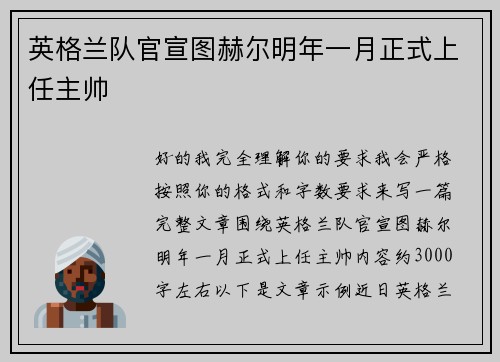 英格兰队官宣图赫尔明年一月正式上任主帅 英格兰队官宣图赫尔明年一月正式上任主帅